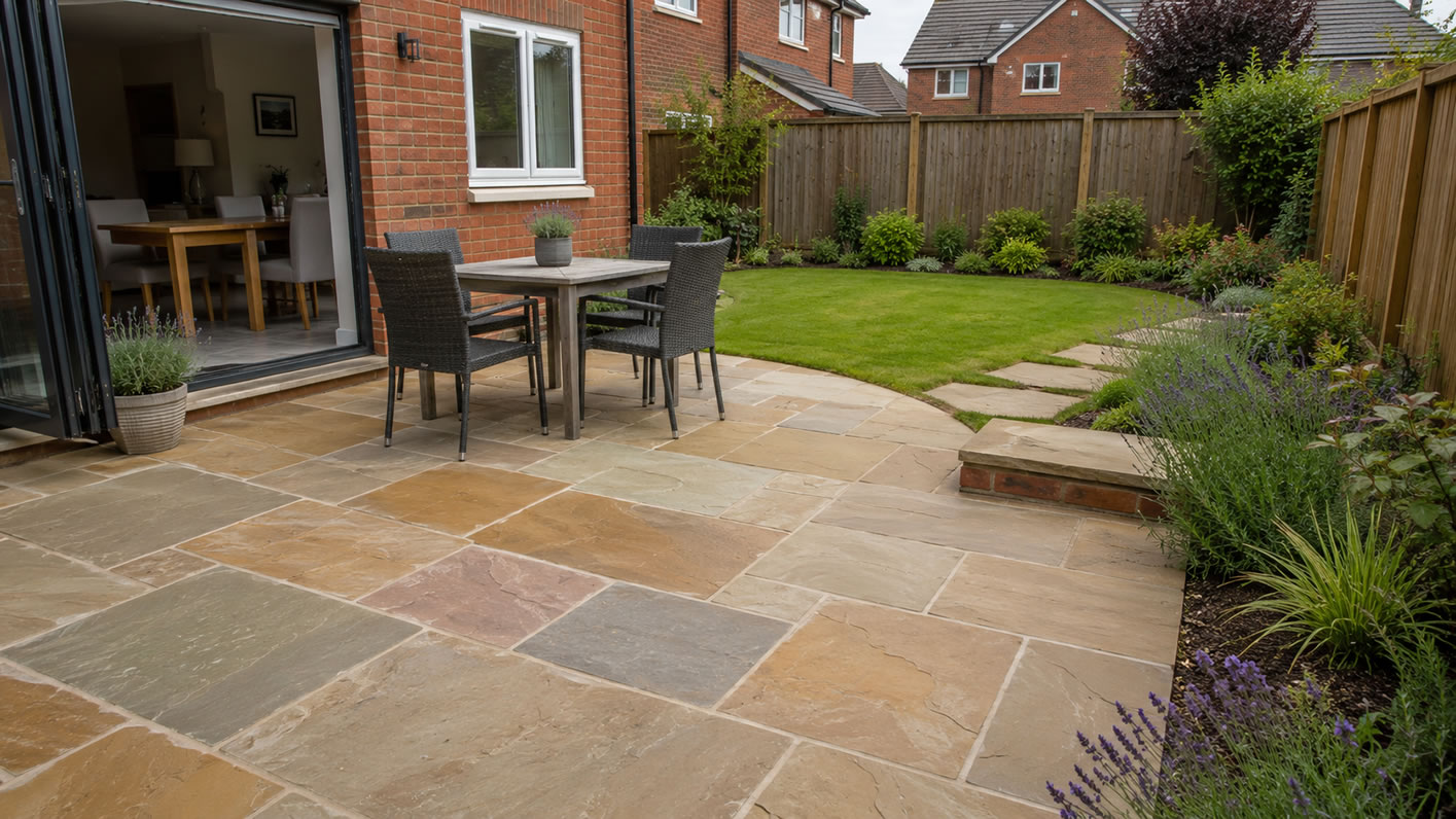 new sandstone patio in British garden
