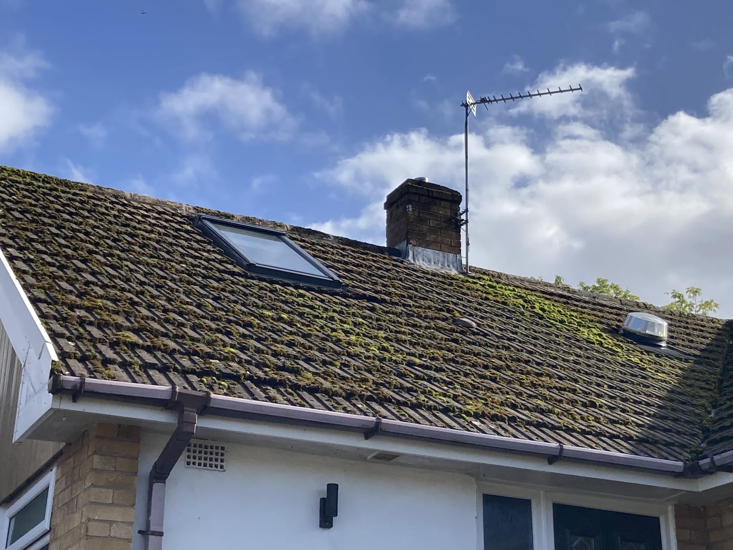Moss removal and gutter replacement for pitched tiled roof in Cardiff